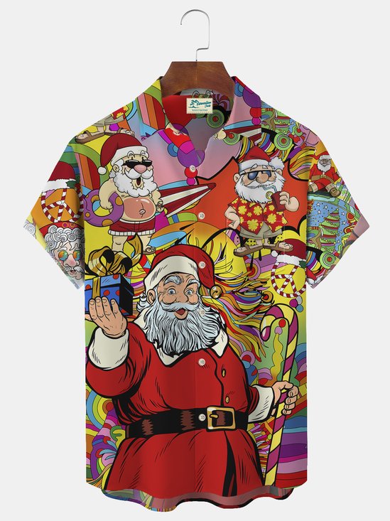 Royaura Christmas Santa Hippie Print Beach Men's Hawaiian Oversized Short Sleeve Shirt with Pockets