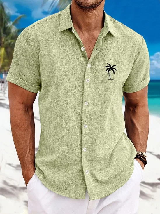 Royaura Hawaiian Coconut Tree Print Men's Button Pocket Short Sleeve Shirt