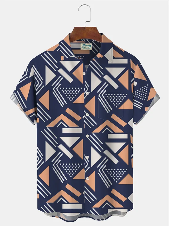 Royaura Vintage Geometric Color Block Print Men's Button Pocket Short Sleeve Shirt