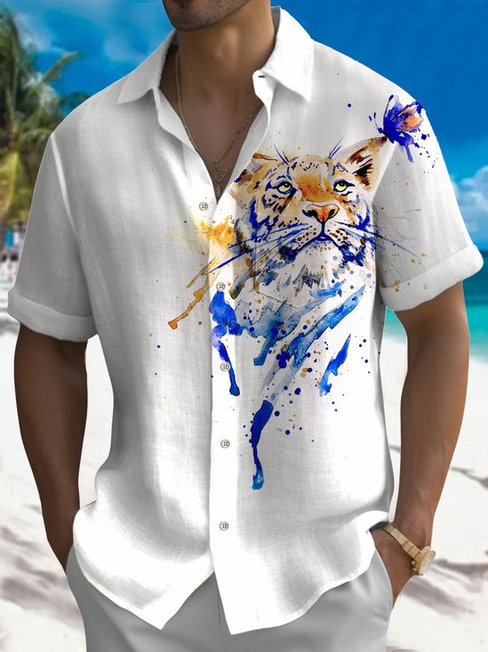 Royaura Hawaiian Art Tiger Print Men's Button Pocket Short Sleeve Shirt