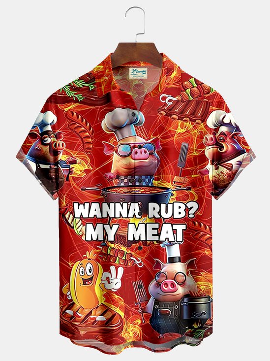 Royaura I Rub My Meat Before I Stick It in BBQ Pig Print Beach Men's Hawaiian Oversized Shirt with Pockets