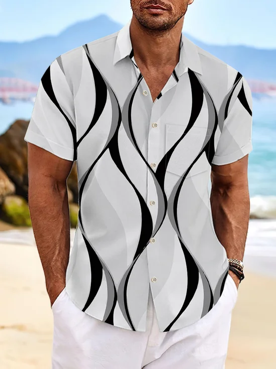 Royaura Geometric Print Beach Men's Hawaiian Oversized Short Sleeve Shirt with Pockets