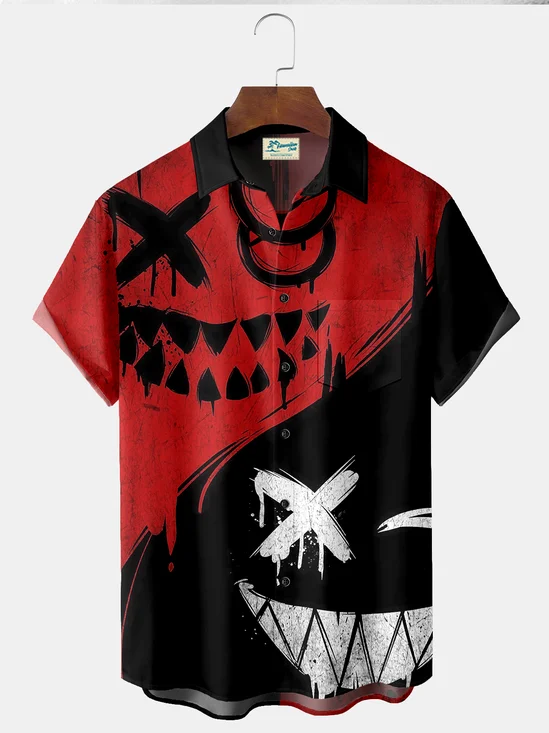 Royaura Halloween Evil Smile Print  Men's Hawaiian Oversized Shirt with Pockets