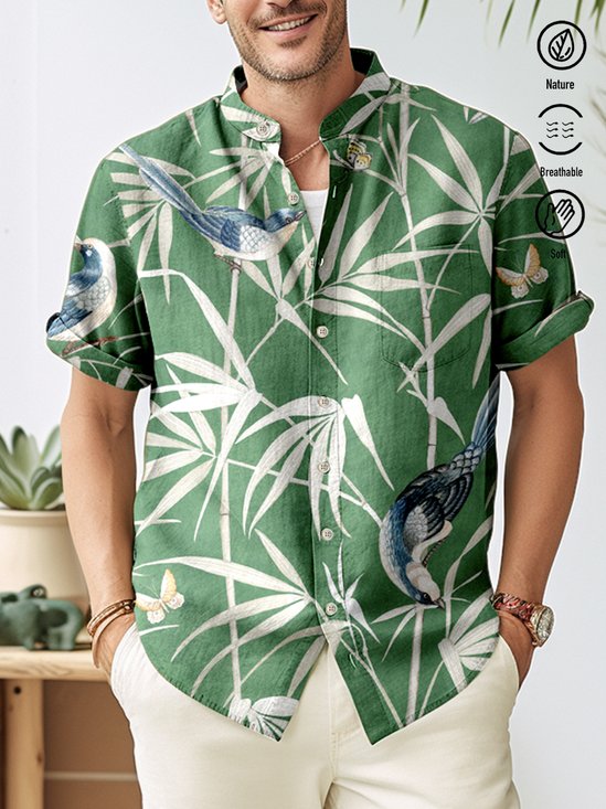 Royaura  Bamboo Botanical Print Beach Men's Hawaiian Oversized Shirt with Pockets