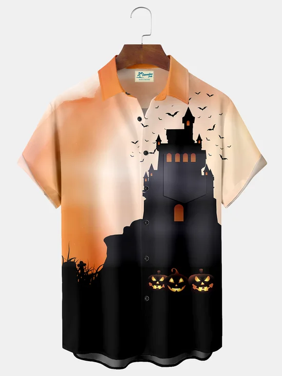 Royaura Halloween Gradient Castle Print  Men's Hawaiian Oversized Shirt with Pockets