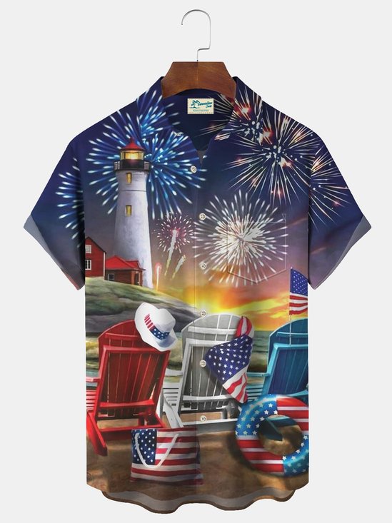 Royaura American Flag Fireworks Print Beach Men's Hawaiian Oversized Short Sleeve Shirt with Pockets