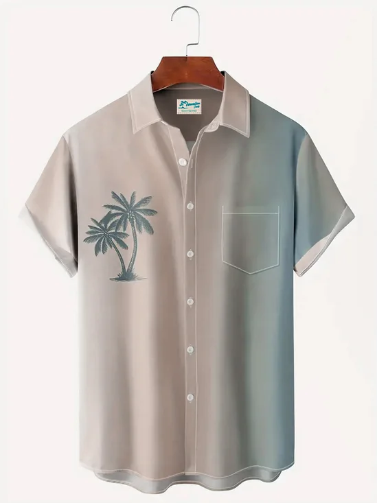 Royaura Coconut Tree Ombre Print Beach Men's Hawaiian Oversized Short Sleeve Shirt with Pockets