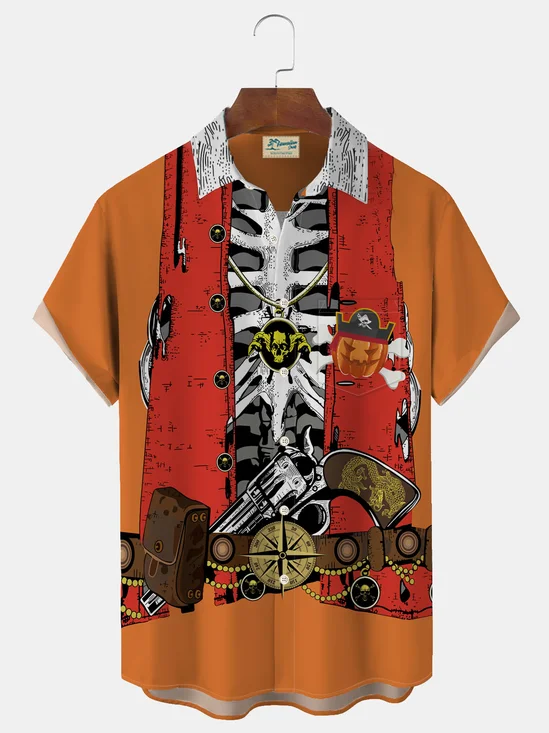 Royaura Halloween Denim Pumpkin Pirate Vintage Print Men's Button Pocket Short Sleeve Shirt