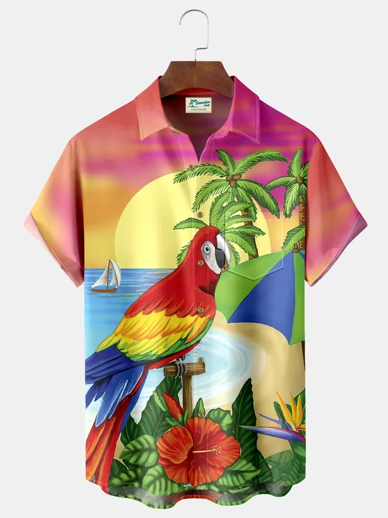 Royaura Parrot Coconut Tree Beach Print Men's Hawaiian Oversized Shirt with Pockets