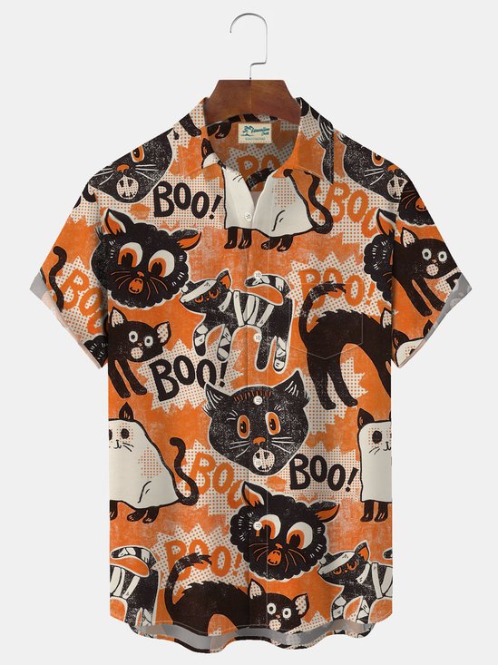 Royaura Halloween Cat Ghost Print Men's Button Pocket Short Sleeve Shirt