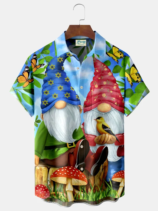 Royaura Gnome Parrot Mushroom Butterfly Print  Men's Hawaiian Oversized Shirt with Pockets