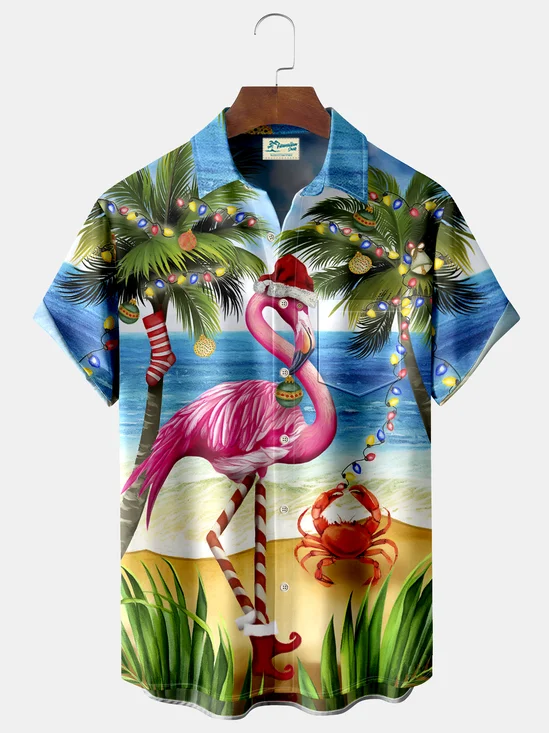 Royaura Christmas Lights Flamingo Coconut Tree Print Beach Men's Hawaiian Oversized Shirt with Pockets