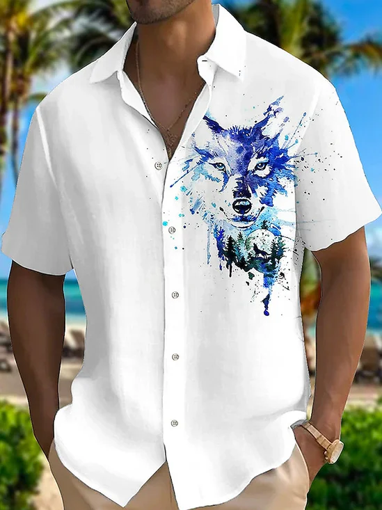 Royaura Hawaiian Wolf Print Men's Button Pocket Short Sleeve Shirt
