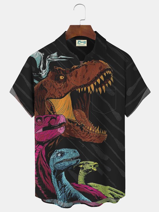 Royaura Vintage Dinosaur Print Beach Men's Hawaiian Oversized Short Sleeve Shirt with Pockets