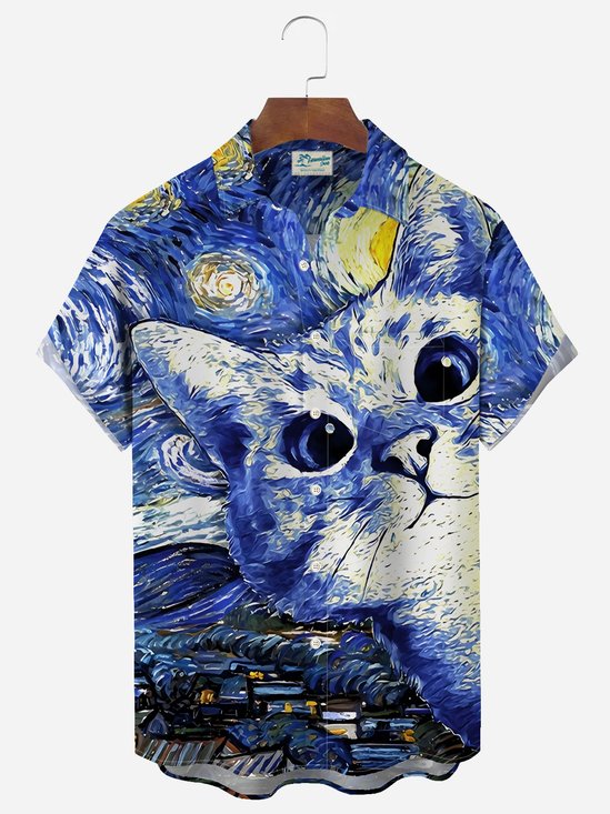 Royaura Fun Art Oil Painting Cat Print Men's Button Pocket Long Sleeve Shirt