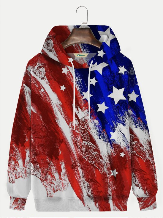 Royaura American Flag Casual Red Men Hoodies Star Art Gradient Oversized Stretch Knit Pullover Sweatshirts
