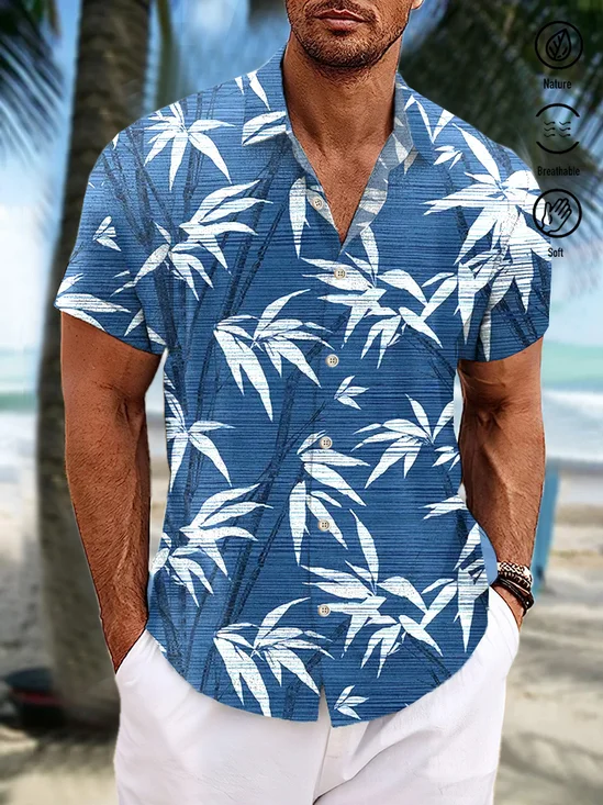 Royaura Hawaiian Plant Leaves Bamboo Print Men's Button Pocket Short Sleeve Shirt