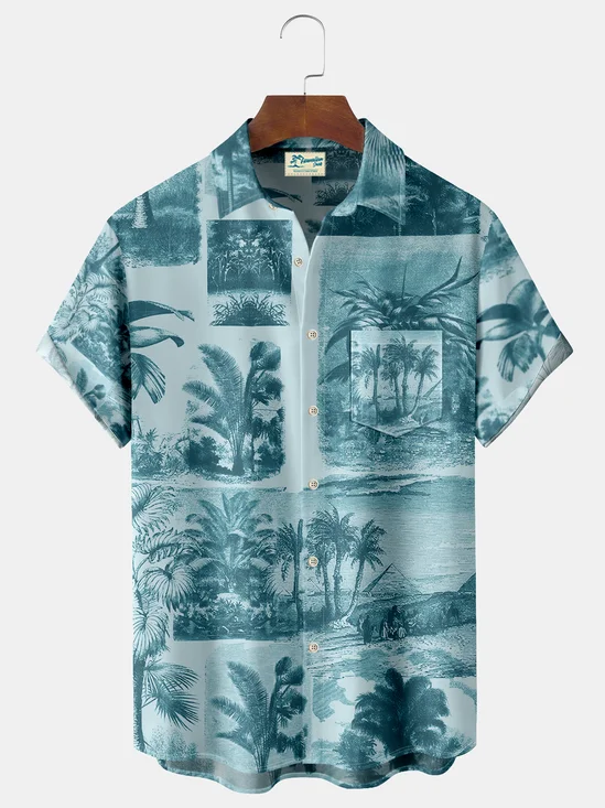 Royaura Patchwork Coconut Tree Print Men's Hawaiian Oversized Shirt with Pockets