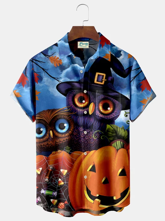 Royaura Halloween Owl Pumpkin Print Men's Hawaiian Oversized Shirt with Pockets