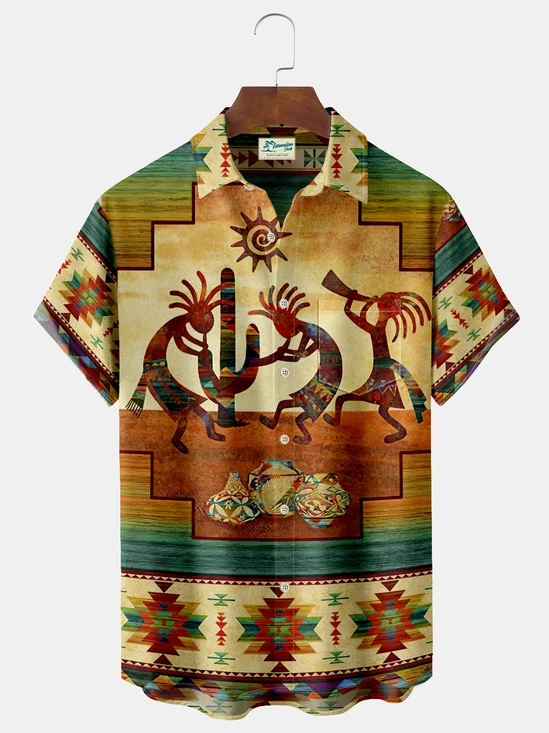 Royaura Vintage Aztec Print Men's Hawaiian Oversized Shirt with Pockets