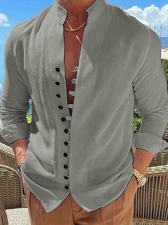 Royaura® Cotton Linen Nature  Fiber Shirt Men's Vintage Basics Casual Button Down Loose Long Sleeve Shirt