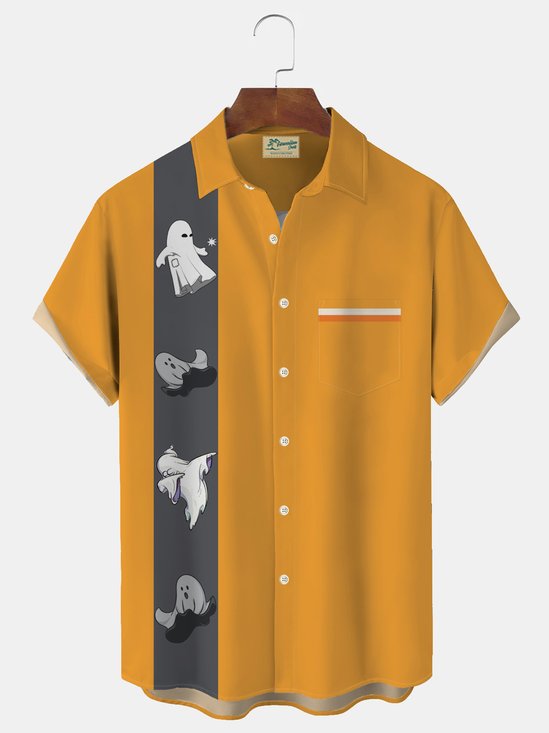 Royaura Halloween Ghost Vintage Bowling Print Men's Button Pocket Short Sleeve Shirt