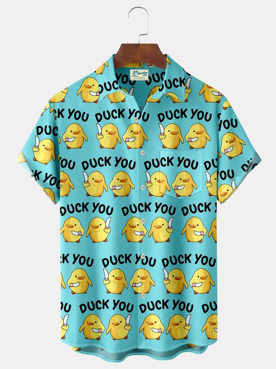 Royaura Duck Letters Print  Men's Hawaiian Oversized Shirt with Pockets