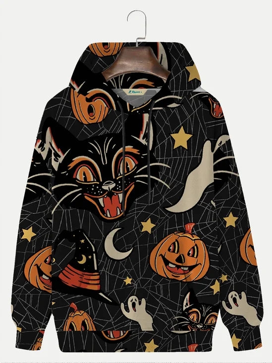 Royaura Halloween Cartoon Men's Black Hoodies Black Cat Spider Pumpkin Spooky Fun Plus Size Knit Pullover Sweatshirts