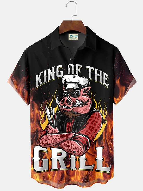 Royaura Grill Pig Print Men's Hawaiian Oversized Shirt with Pockets
