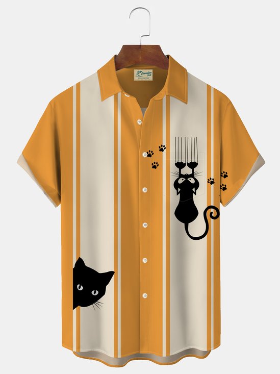Royaura Cat Halloween Vintage Bowling Print Men's Button Pocket Short Sleeve Shirt