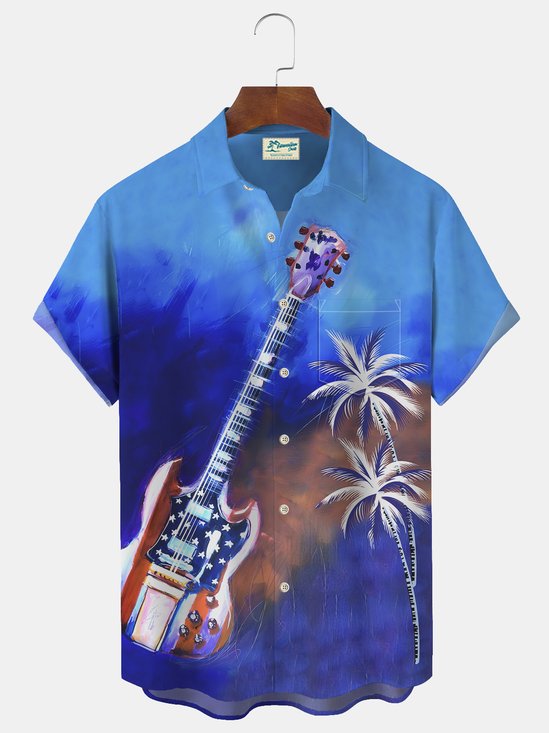 Royaura Coconut Tree Flag Guitar Print Beach Men's Hawaiian Oversized Long Sleeve Shirt with Pockets