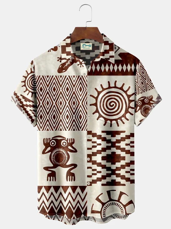Royaura Native American Pieces Of Indian Ethnic Seamless Print Beach Men's Hawaiian Oversized Shirt with Pockets