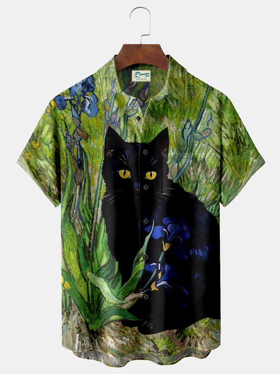 Royaura Irises Cat Print Beach Men's Hawaiian Oversized Shirt with Pockets