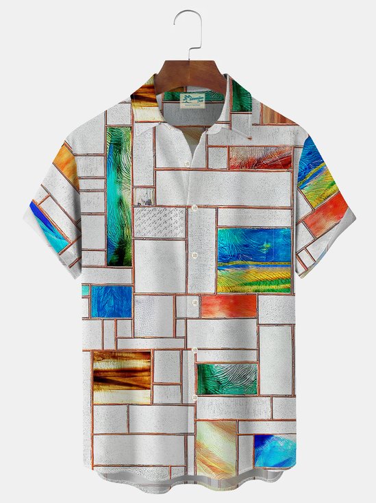 Royaura Geometric Color Block Print Men's Button Pocket Short Sleeve Shirt