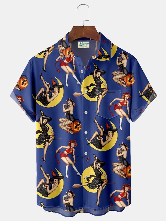 Royaura Halloween Retro Pinup Girl Print Beach Men's Hawaiian Oversized Shirt with Pockets