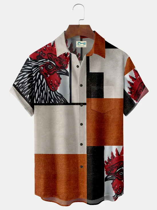 Royaura Geometric Chicken Print Beach Men's Hawaiian Oversized Shirt with Pockets