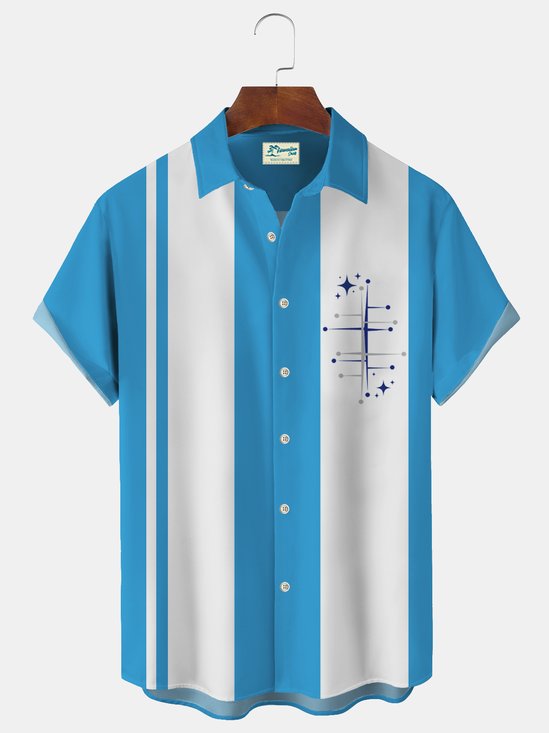 Royaura 50's Retro Mid-Century Blue Geometric Men's Casual Shirts Stretch Oversized Aloha Button Camp Pocket Shirts
