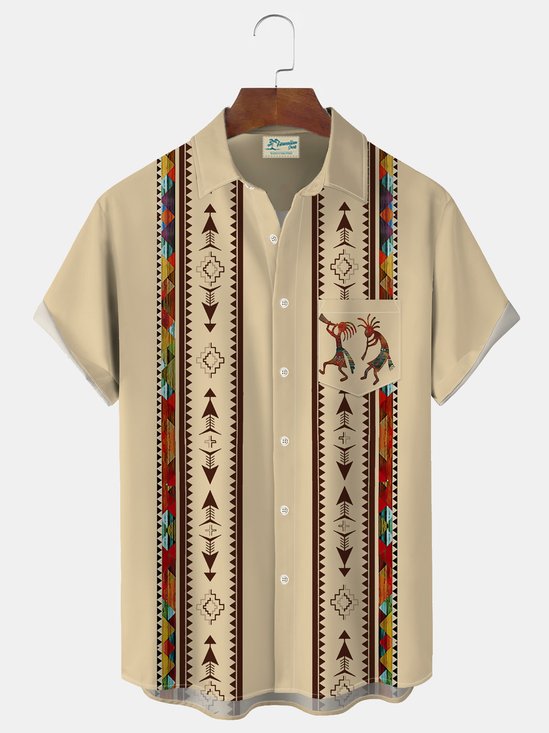 Royaura Vintage Western Ethnic Print Men's Button Pocket Short Sleeve Shirt