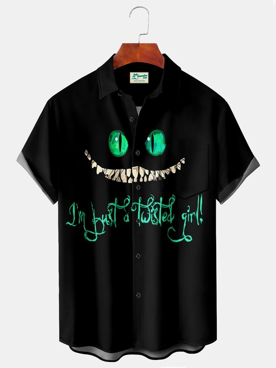 Royaura Holiday Black Halloween Men's Hawaiian Shirts Ghost Green Eyes Cartoon Art Stretch Plus Size Aloha Camp Shirts