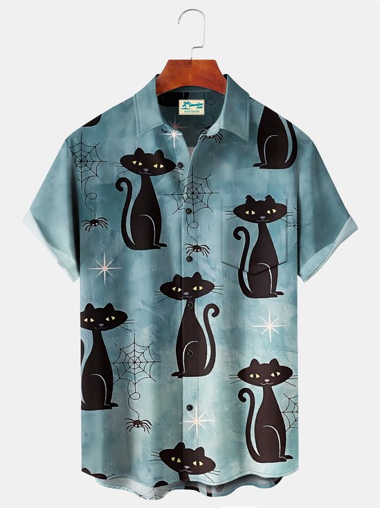 Royaura Halloween Light Blue Black Cat Men's Hawaiian Shirts Spider Web Cartoon Fun Stretch Aloha Camp Button Shirts
