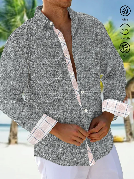 Royaura Natural Fiber Check Print Men's Button Pocket Long Sleeve Shirt