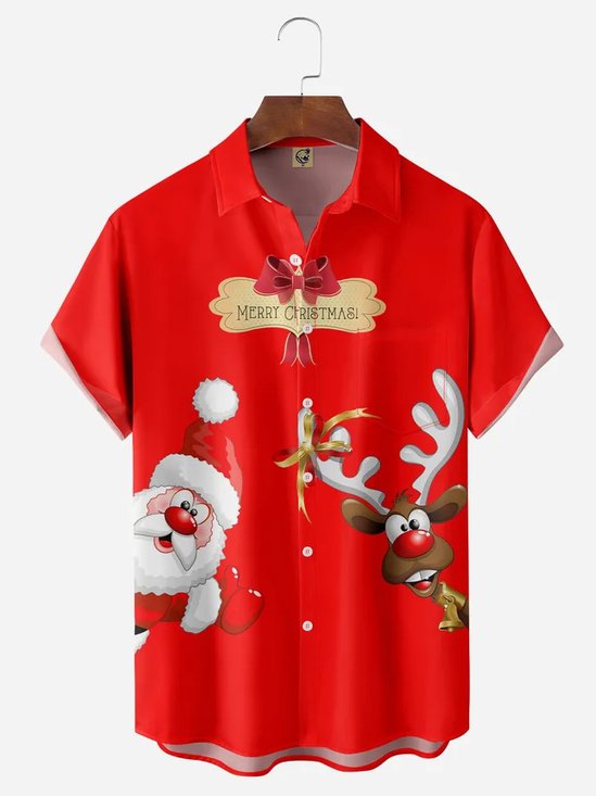 Royaura Santa Print Holiday Men's Oversized Pocket Shirt