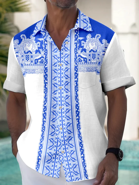 Royaura Blue Palis Print Beach Men's Hawaiian Oversized Pocket Shirt