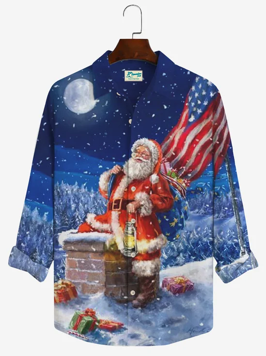Royaura Christmas Santa Print Casual Men's Hawaiian Vacation Oversized Long Sleeve Shirt