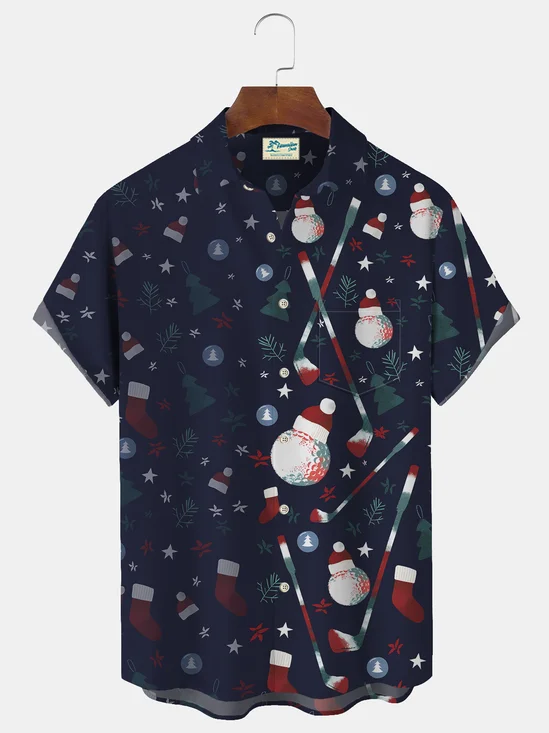Royaura Christmas Print Men's Button Pocket Short Sleeve Shirt