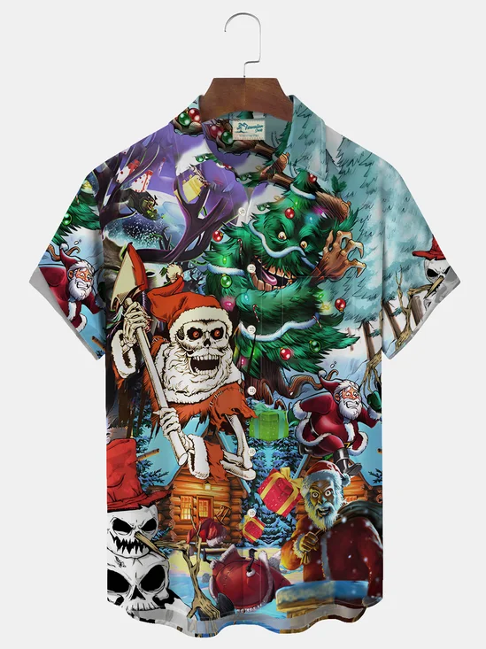 Royaura Christmas Santa Claus sika deer print men's button pocket short-sleeved shirt