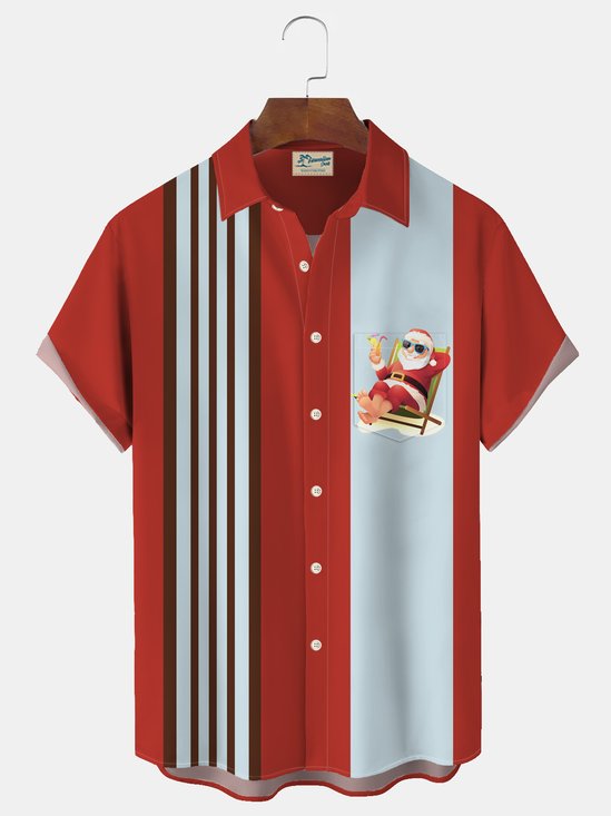 Royaura Christmas Bowling Santa Print Men's Button Pocket Shirt