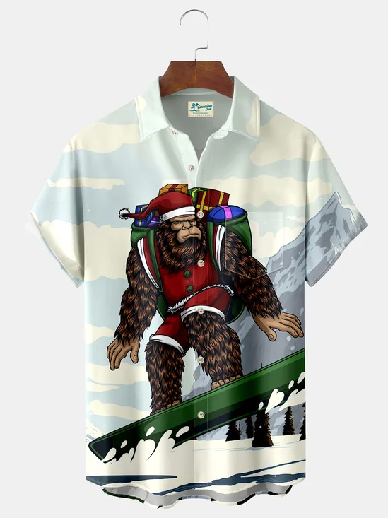 Royaura Bigfoot skiing on Christmas Print Beach Men's Hawaiian Oversized Shirt with Pockets