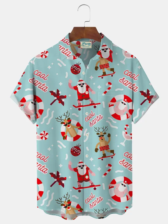 Royaura Christmas Santa Print Ski Print Men's Button Pocket Shirt