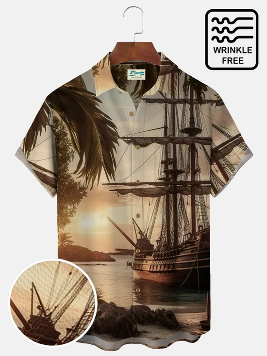 Royaura Mid-Century 50's Nautical Khaki Vintage Men's Hawaiian Shirts Stretch Wrinkle Free Seersucker  Aloha Camp Pocket Shirts